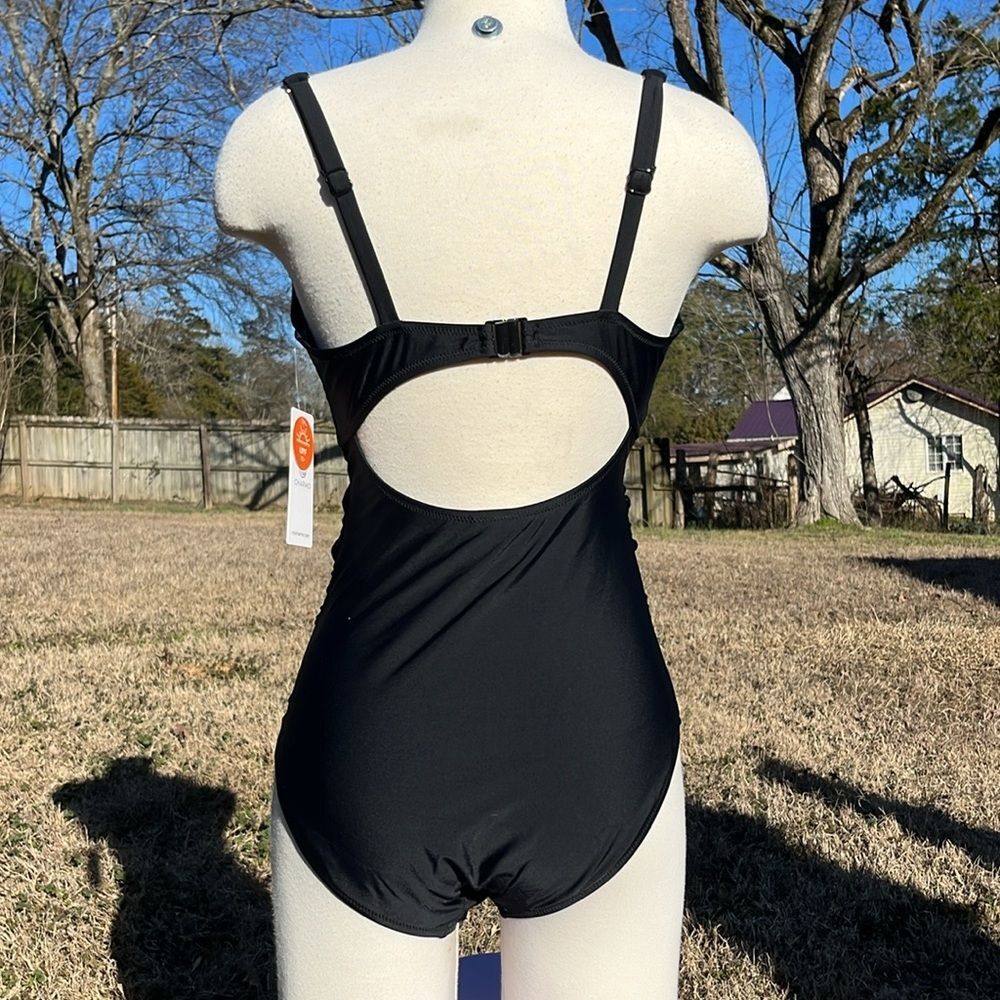 NWT CHARMO UPF 50+ Ruched Front Tummy Conteol Black One-Piece Swimsuit Medium - Picture 8 of 16